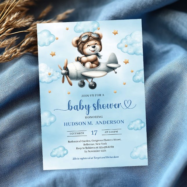Convites Trendy Boy Shower Teddy Bear Pilot Blue Brown (Trendy Boy Shower Invite Teddy Bear Pilot Blue Brown

)