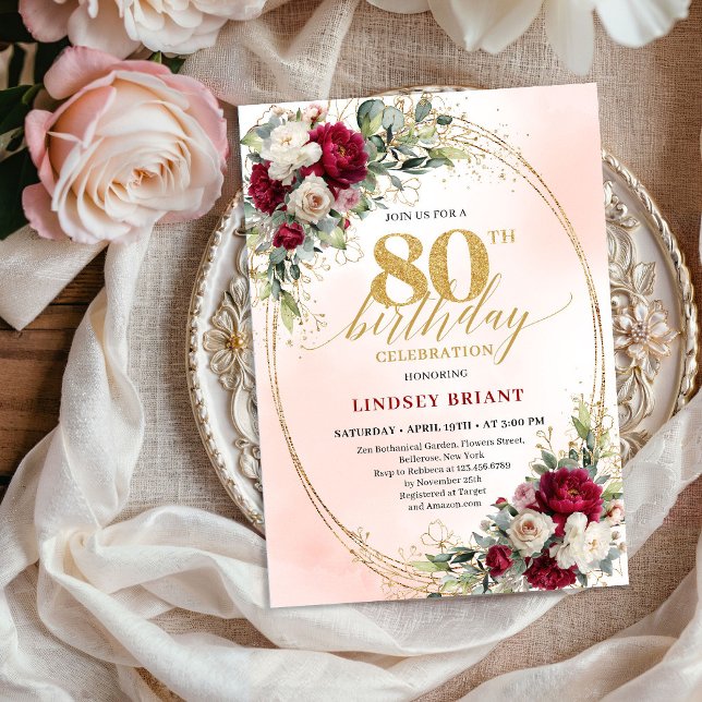 Convites Trendy Burgundy Floral Gold 80th Birthday Invite (Trendy Burgundy Floral Gold 80th Birthday Invitation)