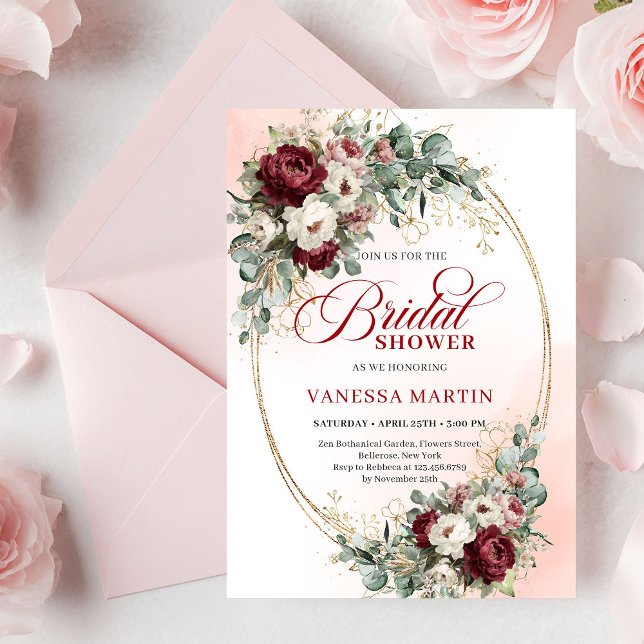 Convites Trendy Burgundy Gold Greenery Bridal Shower Invite (Trendy Burgundy Gold Greenery Bridal Shower Invite)