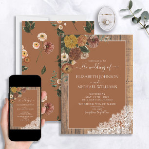 Convites Trendy Burnt Orange Rustic Wood Script Casamento