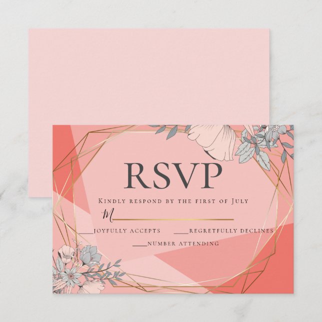 Convites Trendy Coral Wedding RSVP Frame Dourado Floral (Frente/Verso)