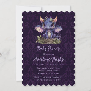 Convites Trendy Damask Purple Dragon Girl Chá de fraldas