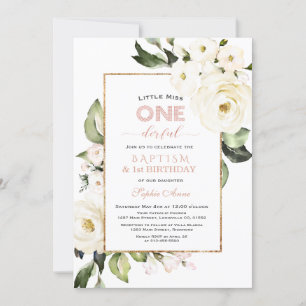 Convites Trendy Dourado Batismo Floral Branco Primeiro Aniv
