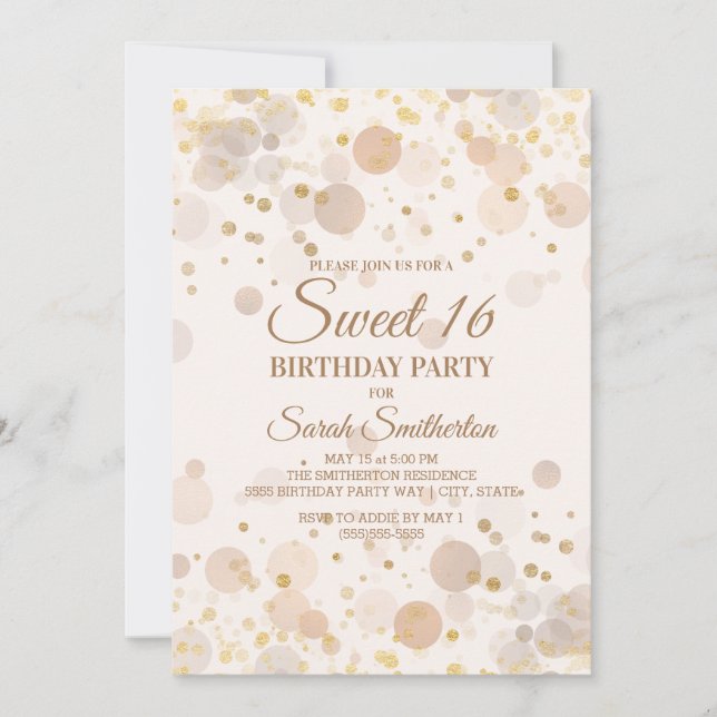 Convites Trendy Dourado Bokeh no Creamy White Sweet 16 (Frente)