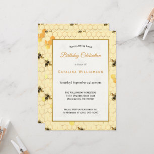 Convites Trendy Dourado Honeycomb Bee Birthday 