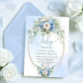 Convites Trendy Dusty Blue Flowers Gold Baby Shower Card