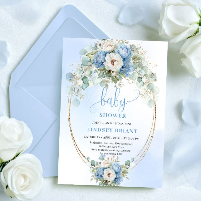 Convites Trendy Dusty Blue Flowers Gold Baby Shower Card (Trendy Dusty Blue Flowers Gold Baby Shower Card

)