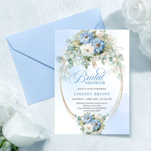 Convites Trendy Dusty Blue Flowers Gold Bridal Shower Card (Trendy Dusty Blue Flowers Gold Bridal Shower Card

)