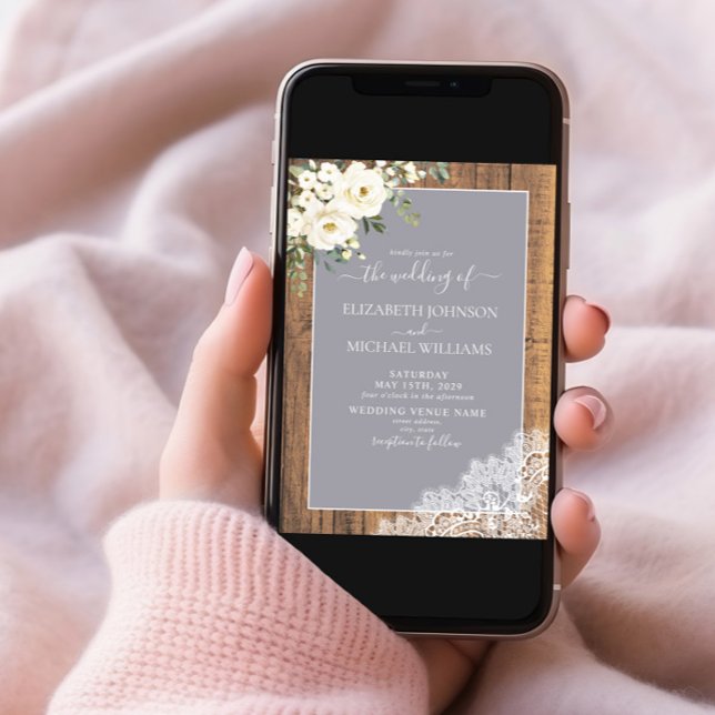 Convites Trendy Elegant Cinza Rustic Wood Script Wedding In (Criador carregado)