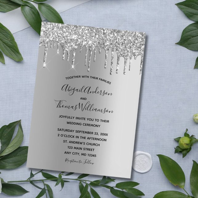 Convites Trendy Elegant Modern Weding (Elegant Silver Dripping Glitter Wedding invitation)