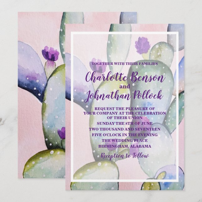 Convites Trendy Elegant Watercolor Cactus Wedding (Frente/Verso)