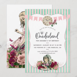 Convites Trendy floral Alice No Aniversário De Onederland