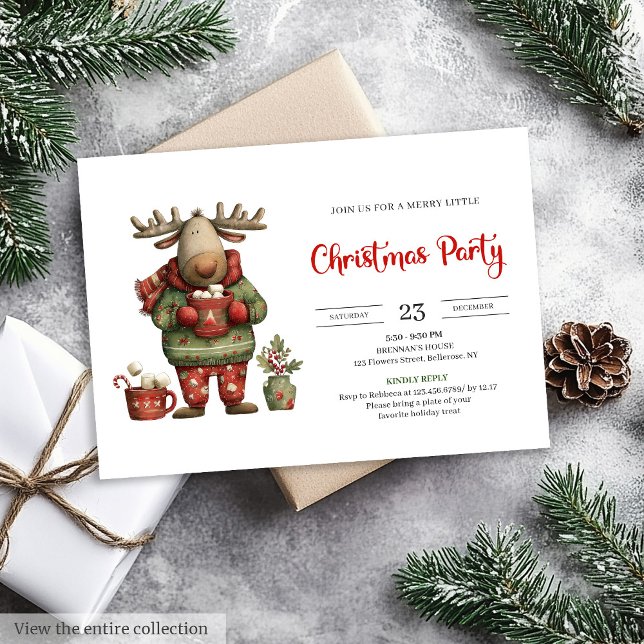 Convites Trendy Funny Reindeer red green festive invite (Trendy Funny Reindeer red green festive invite)