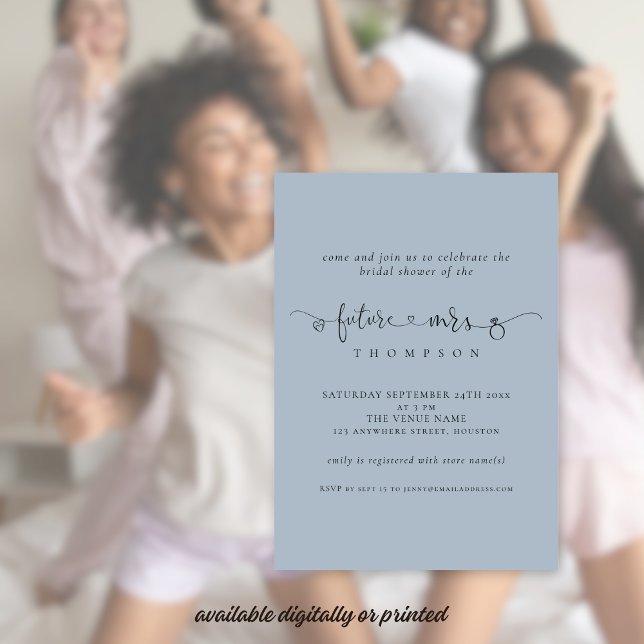 Convites Trendy Future Sra. Bridal Dusty Chá Azul (Available digitally or printed)