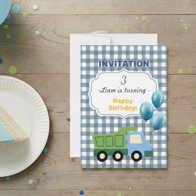 Convites Trendy Gingham Blue Construction 3rd Birthday  (Criador carregado)