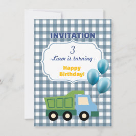 Convites Trendy Gingham Blue Construction 3rd Birthday 