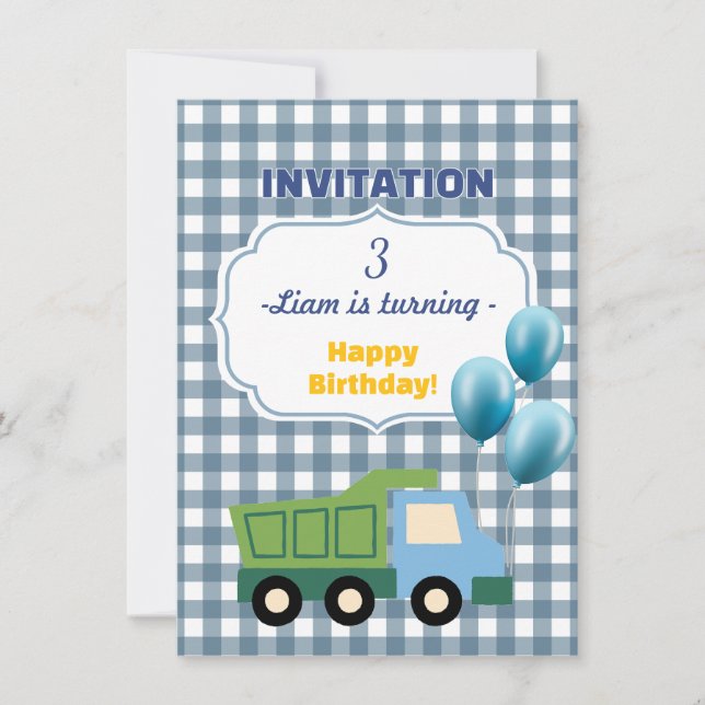 Convites Trendy Gingham Blue Construction 3rd Birthday  (Frente)