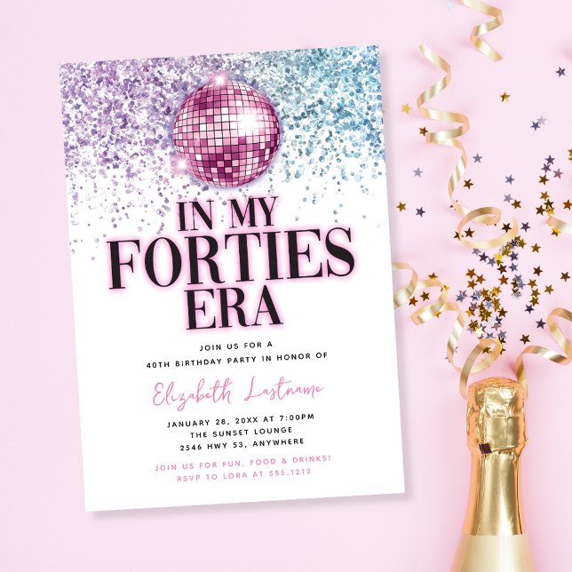 Convites Trendy Glitter Disco Quarties Era aniversário de 4 (Trendy Glitter Disco Forties Era 40th Birthday Invitation)