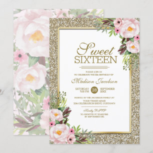 Convites Trendy Glitter Dourado Floral Sweet 16 Party