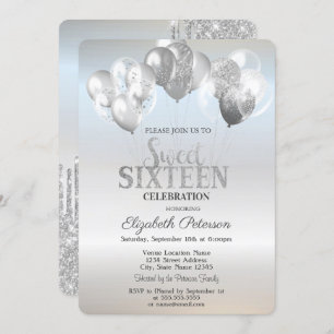 Convites Trendy Glitter Drips Balões Silver Sweet 16