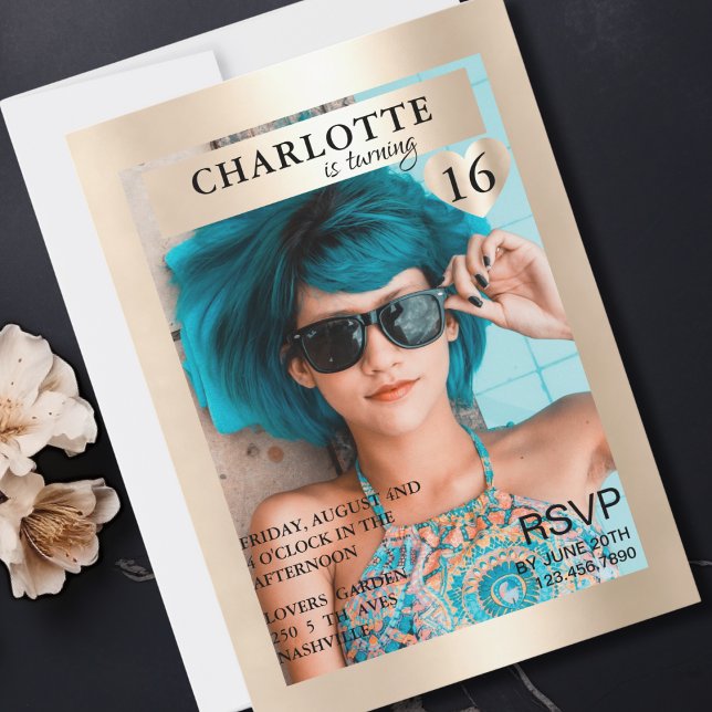 Convites Trendy Gold Magazine Cover-Photo Inspirierte (Trendy Gold Magazine Cover-Photo Inspired Invitation)