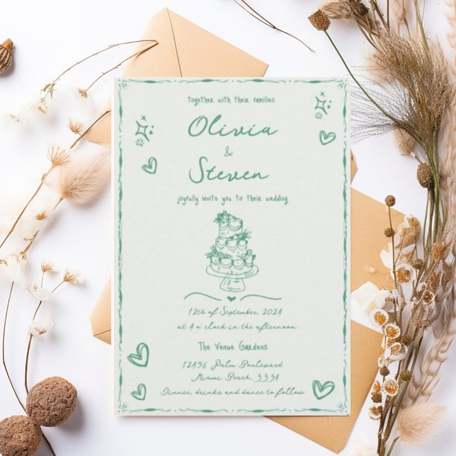Convites Trendy Hand Drawn Quirky Scribble Sage Wedding (Criador carregado)