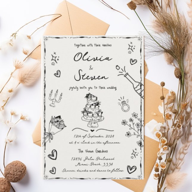 Convites Trendy Hand Drawn Quirky Scribble Wedding (Criador carregado)