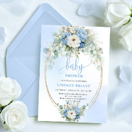 Convites Trendy Light Blue Flowers Greenery Baby Shower