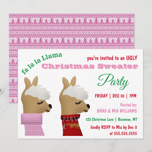 Convites Trendy Llama Pink Christmas Sweater Party (Frente/Verso)