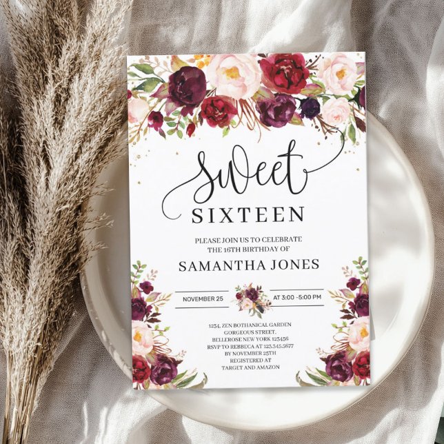 Convites Trendy marsala burgundy blush floresce 16 (Trendy marsala burgundy blush floral sweet sixteen invitation)