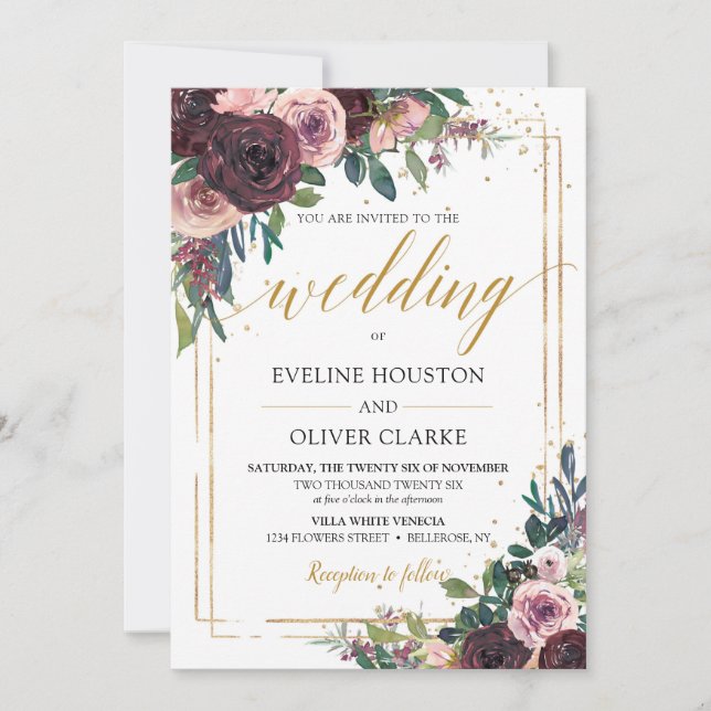 Convites Trendy mauve rosas poeirentos flores cor-de-rosa d (Frente)