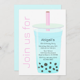 Convites Trendy Modern Pink e Blue Boba Tea Birthday