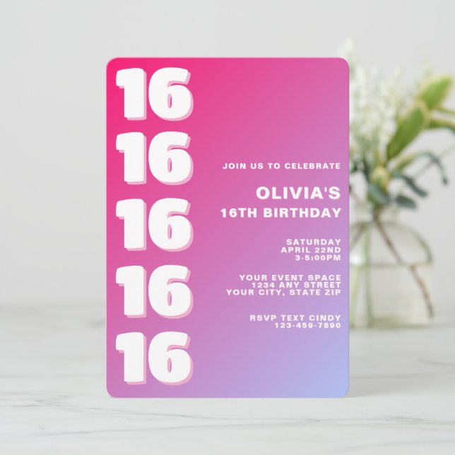 Convites Trendy Modern Pink Gradient 16th Birthday (Em pé/Frente)