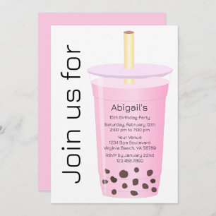 Convites Trendy Modern White and Pink Boba Tea Birthday