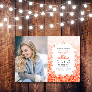 Convites Trendy Orange Stripes Foto de Frame Floral Anivers
