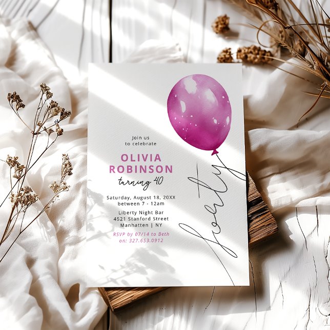 Convites Trendy Paink Balloon aniversário de 40 anos (Criador carregado)