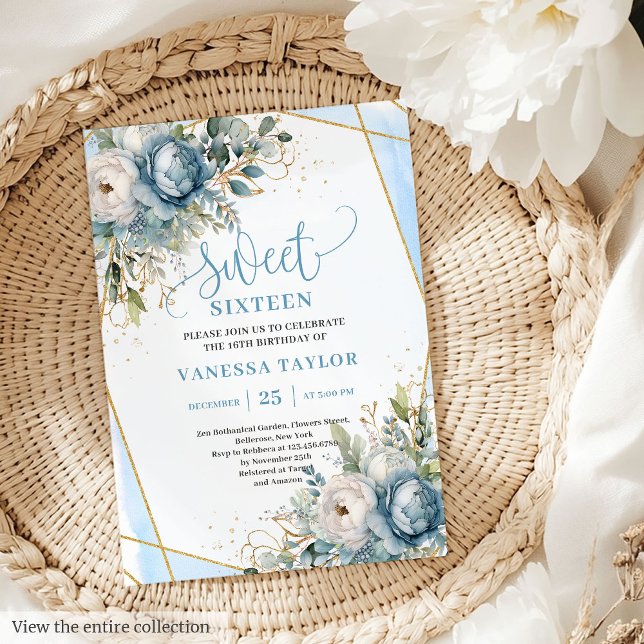 Convites Trendy Pastel Blue Floral Sweet Dezesseis (Trendy Pastel Blue White Floral Sweet 16 Invitation)
