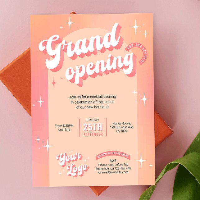 Convites Trendy Peach Rosa Salon Spa Boutique Grand Open (Create modern and fun business launch event invitations with this Retro Groovy Business Invitation)