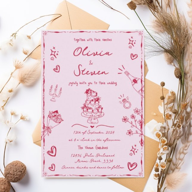 Convites Trendy Pink Hand Drawn Quirky Scribble Wedding (Criador carregado)