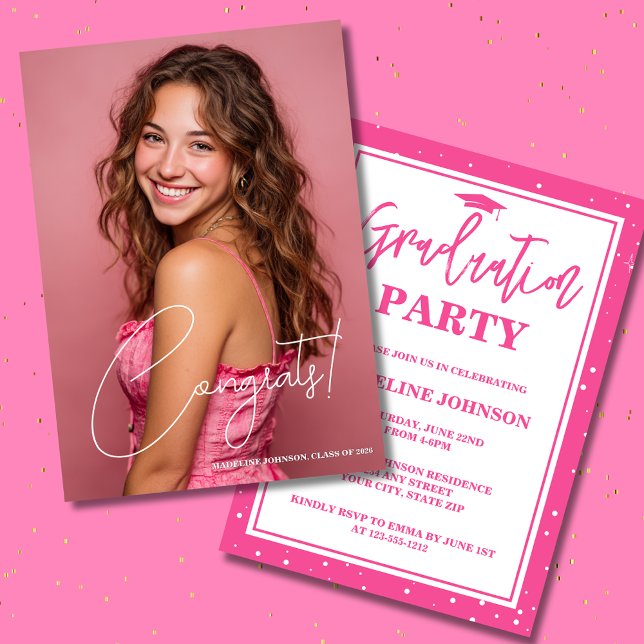 Convites Trendy Pink Photo 2026 Graduation Party (Criador carregado)