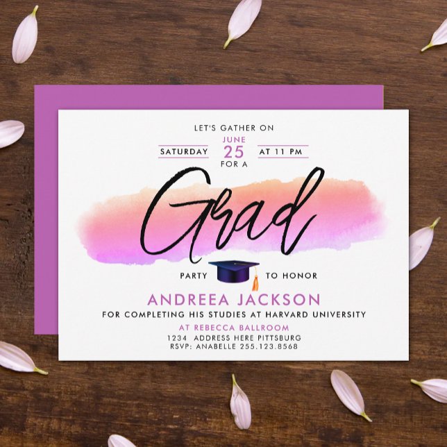 Convites Trendy Pink Purple Grad Cap Bold Script Watercolor (Criador carregado)
