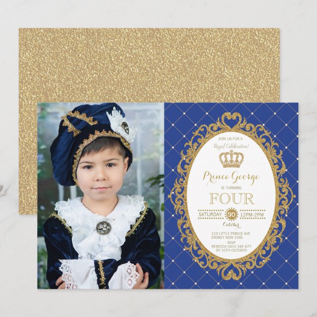 Convites Trendy Prince Birthday Royal Blue Dourada Party Fo (Frente/Verso)