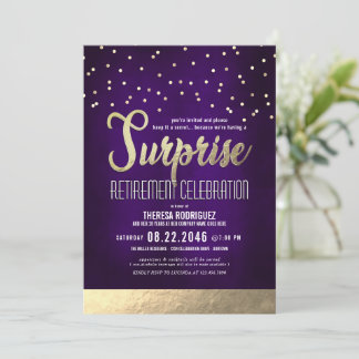 Convites Trendy Purple/Dourado Surprise Retirement Party