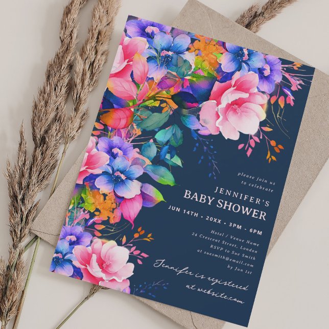 Convites Trendy Rainbow Garden Chá de fraldas Floral Marinh (Trendy Rainbow Garden Floral Baby Shower Navy Invitation)