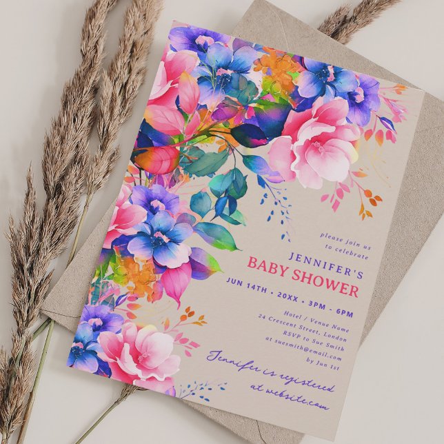 Convites Trendy Rainbow Garden Floral Chá de fraldas Champa (Trendy Rainbow Garden Floral Baby Shower Champagne Invitation)