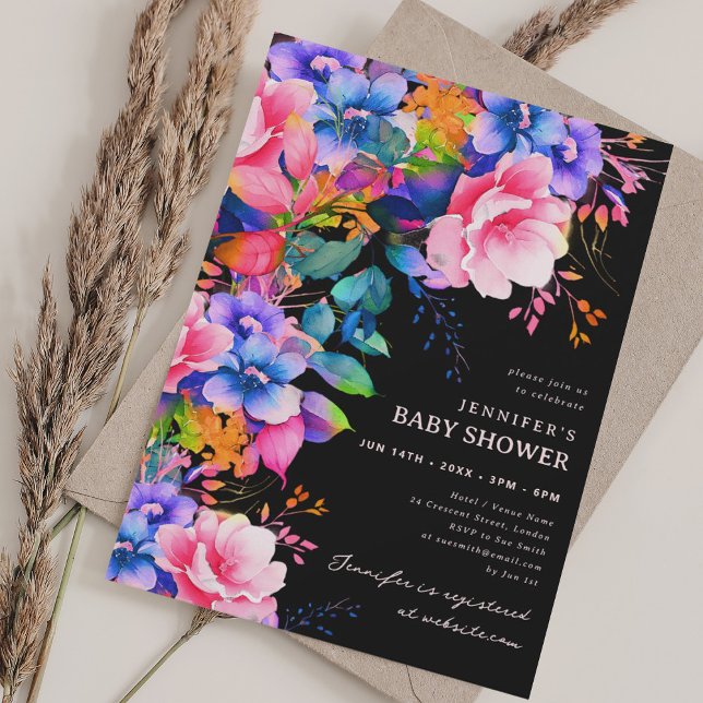 Convites Trendy Rainbow Garden Floral Chá de fraldas Preto (Trendy Rainbow Garden Floral Baby Shower Black Invitation)