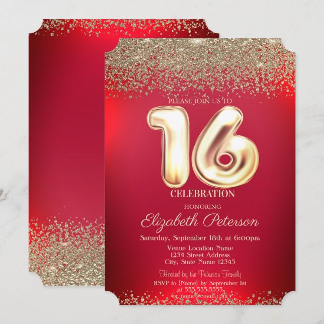 Convites Trendy Red Dourado Confetti Diamond Sweet 16 (Frente/Verso)