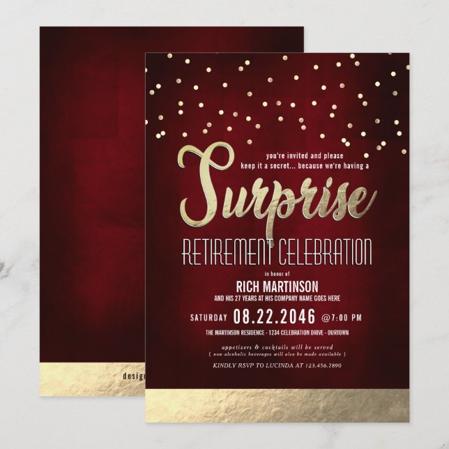 Convites Trendy Red/Dourado Surprise Retirement Party (Frente/Verso)