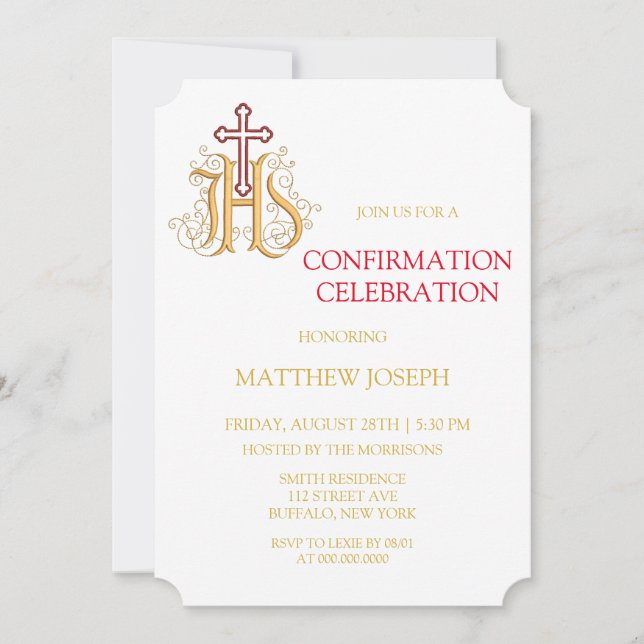 Convites Trendy Red e Dourado Flourish Confirmation Invitat (Frente)