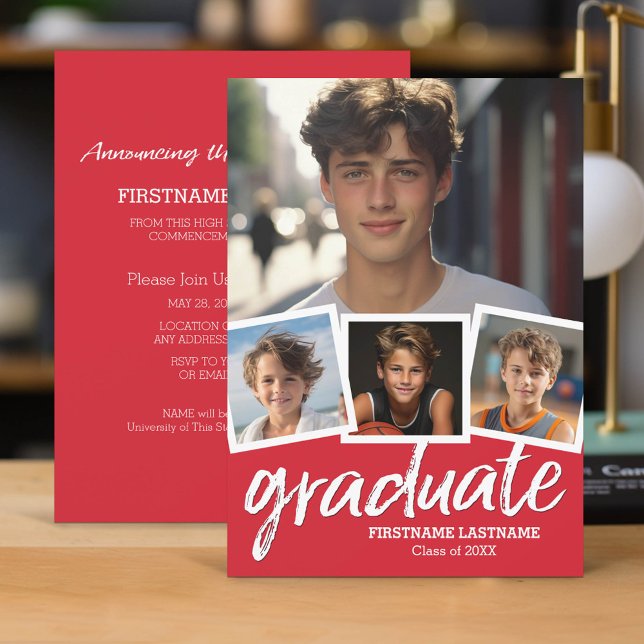 Convites Trendy Red Graduation Announment Party 4 Foto (Classic Graduation Announcement and Party Invitation with 4 Photos)